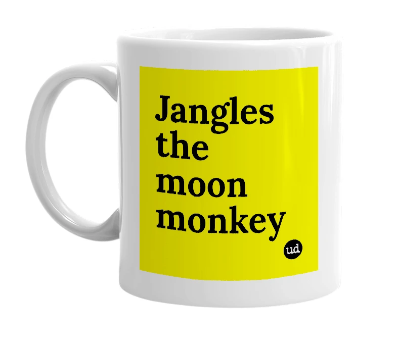 White mug with 'Jangles the moon monkey' in bold black letters