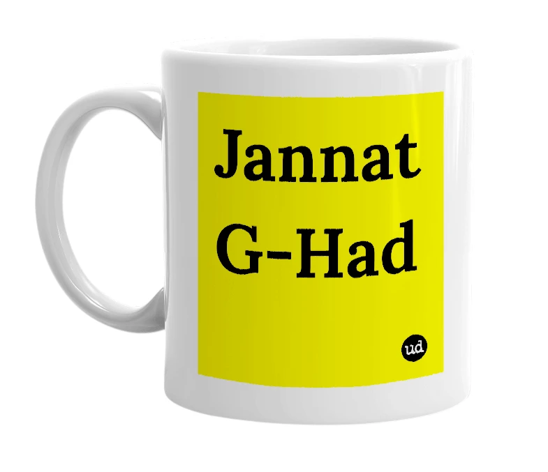White mug with 'Jannat G-Had' in bold black letters
