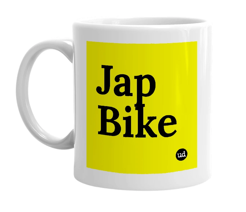 White mug with 'Jap Bike' in bold black letters