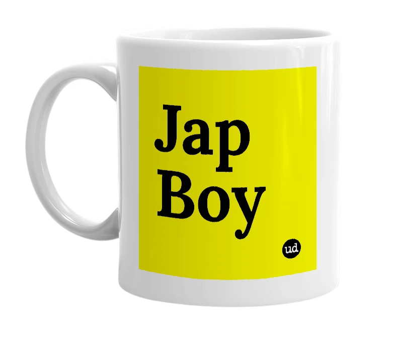 White mug with 'Jap Boy' in bold black letters