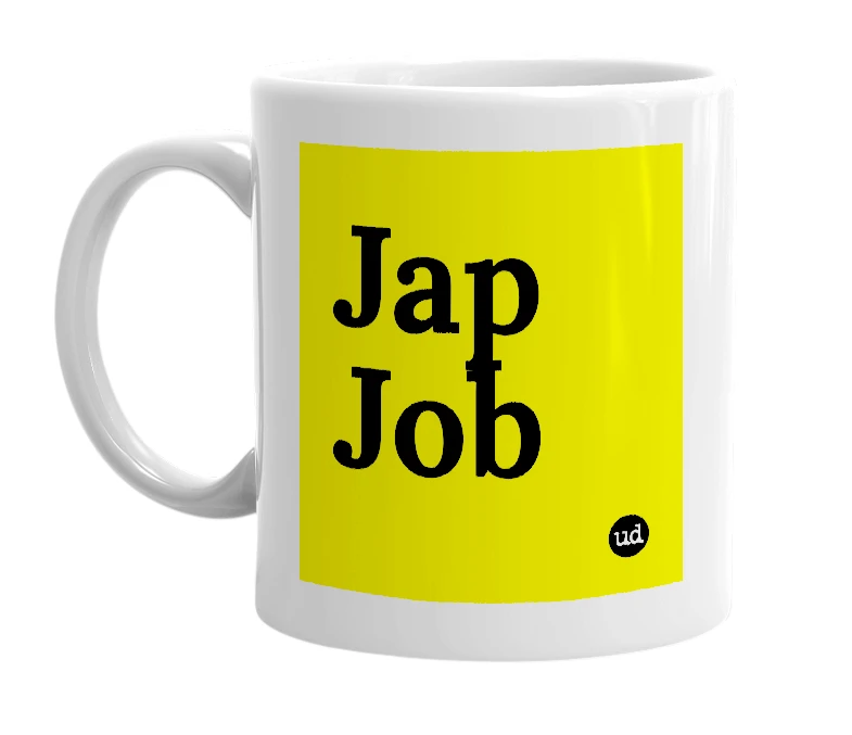 White mug with 'Jap Job' in bold black letters