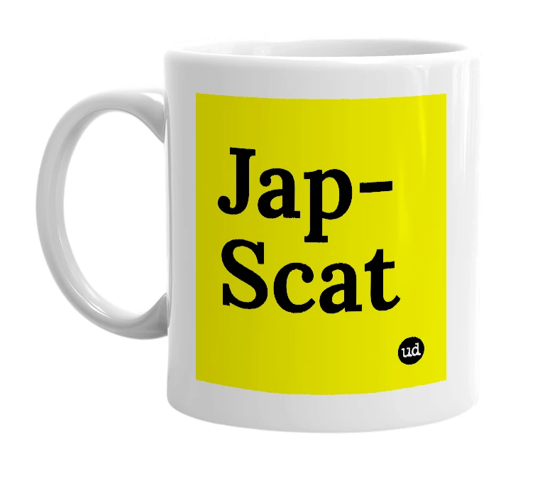 White mug with 'Jap-Scat' in bold black letters