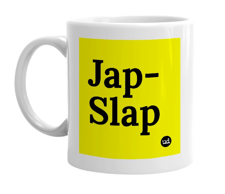 White mug with 'Jap-Slap' in bold black letters