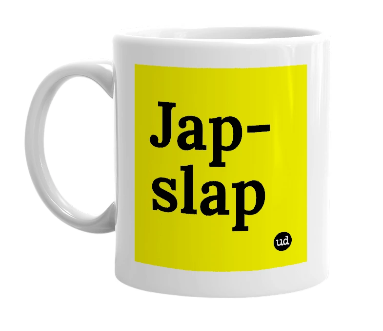 White mug with 'Jap-slap' in bold black letters