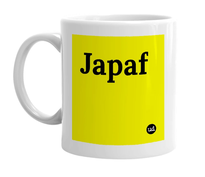 White mug with 'Japaf' in bold black letters