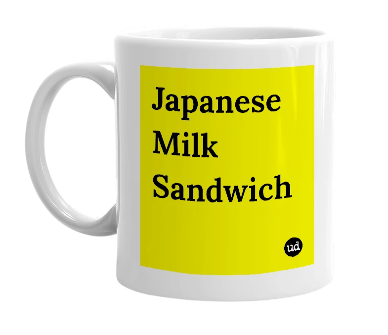 White mug with 'Japanese Milk Sandwich' in bold black letters