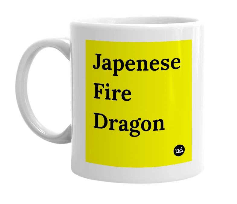 White mug with 'Japenese Fire Dragon' in bold black letters