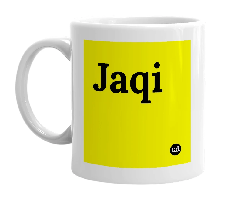 White mug with 'Jaqi' in bold black letters