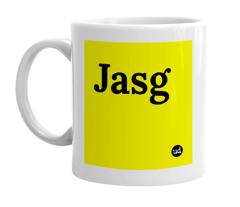 White mug with 'Jasg' in bold black letters