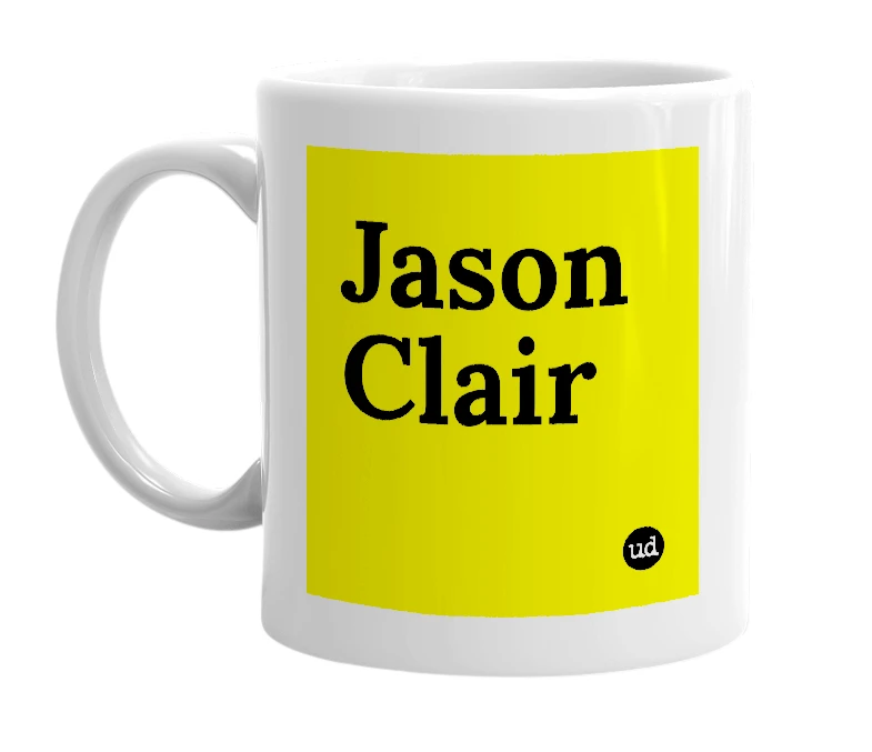 White mug with 'Jason Clair' in bold black letters