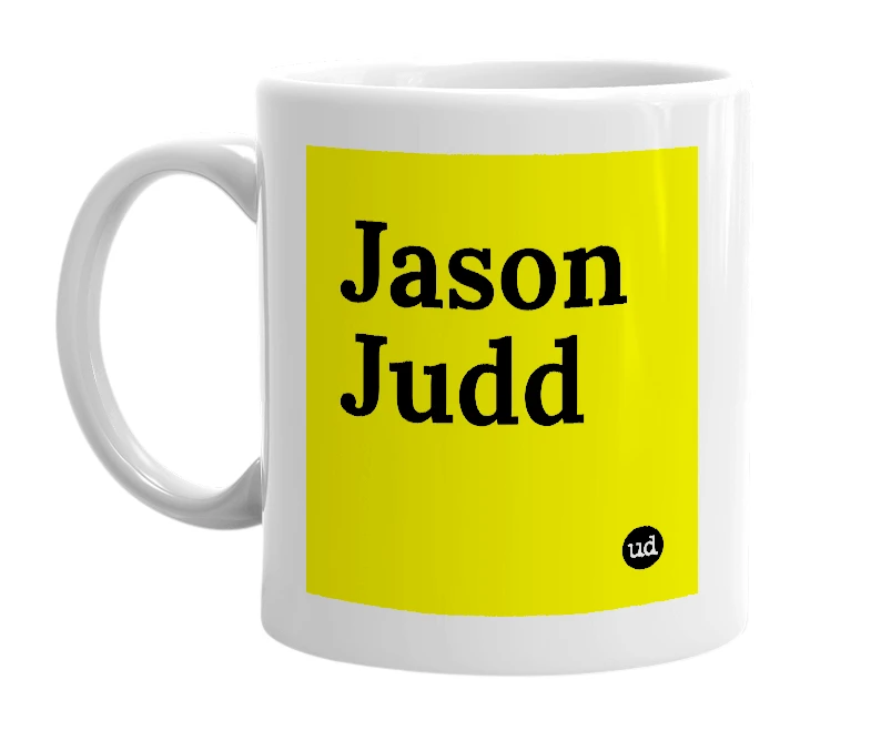 White mug with 'Jason Judd' in bold black letters
