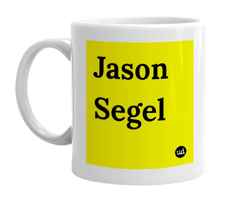 White mug with 'Jason Segel' in bold black letters