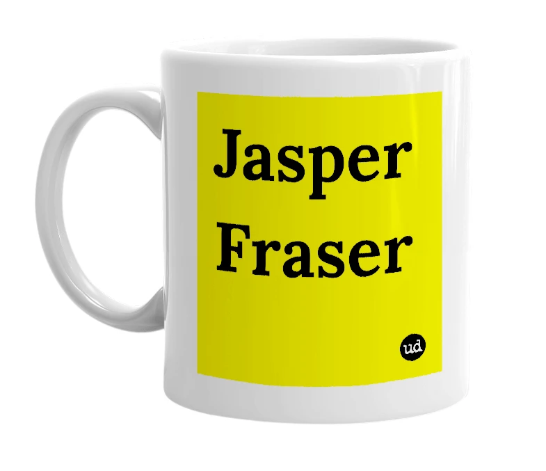 White mug with 'Jasper Fraser' in bold black letters