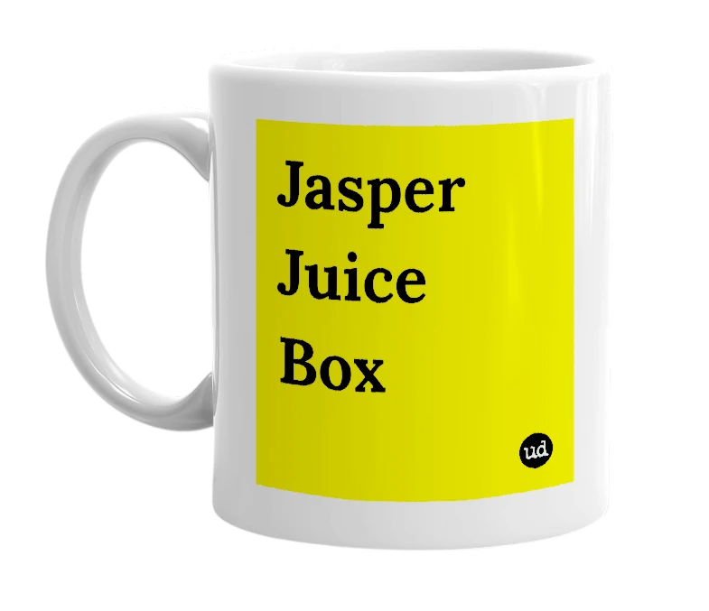 White mug with 'Jasper Juice Box' in bold black letters
