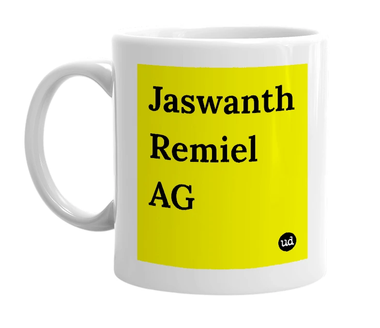 White mug with 'Jaswanth Remiel AG' in bold black letters