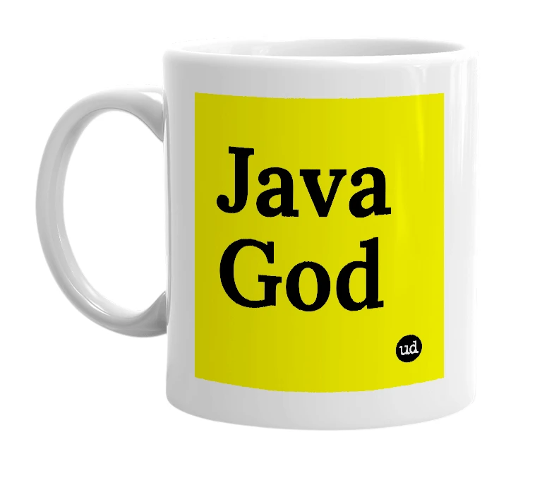 White mug with 'Java God' in bold black letters