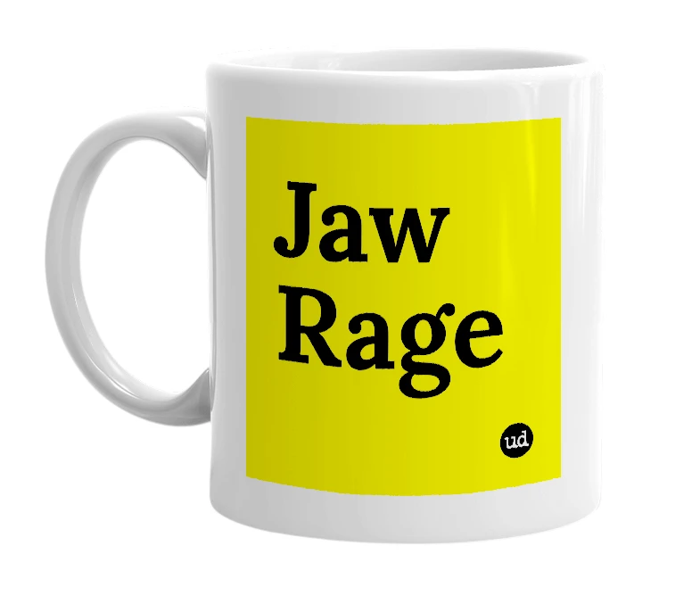 White mug with 'Jaw Rage' in bold black letters