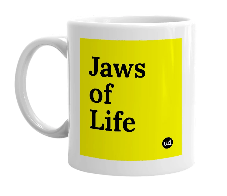 White mug with 'Jaws of Life' in bold black letters