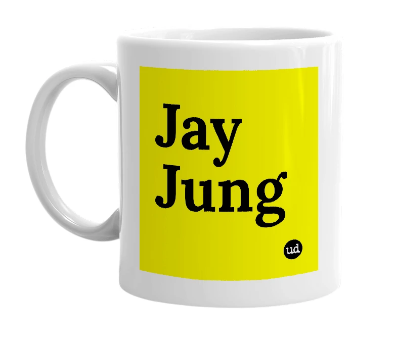 White mug with 'Jay Jung' in bold black letters