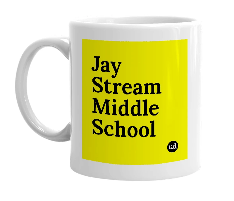 White mug with 'Jay Stream Middle School' in bold black letters