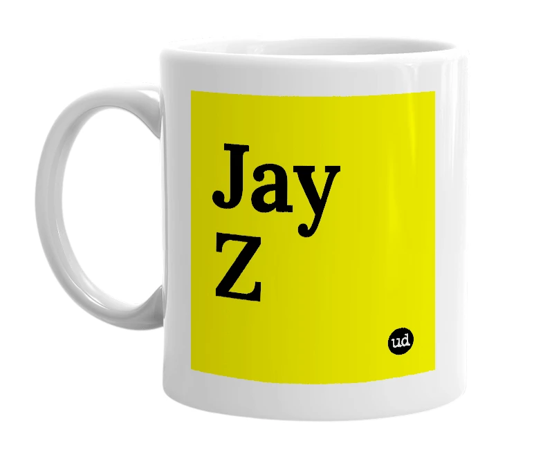 White mug with 'Jay Z' in bold black letters