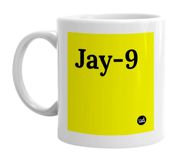 White mug with 'Jay-9' in bold black letters