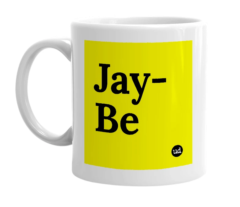 White mug with 'Jay-Be' in bold black letters