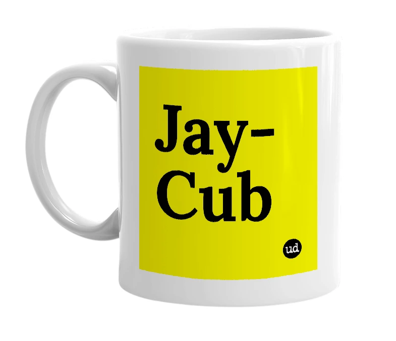 White mug with 'Jay-Cub' in bold black letters