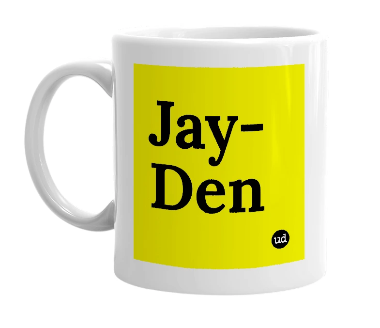 White mug with 'Jay-Den' in bold black letters