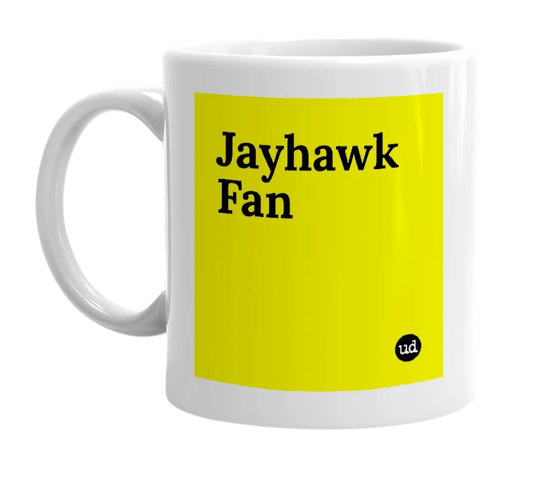 White mug with 'Jayhawk Fan' in bold black letters