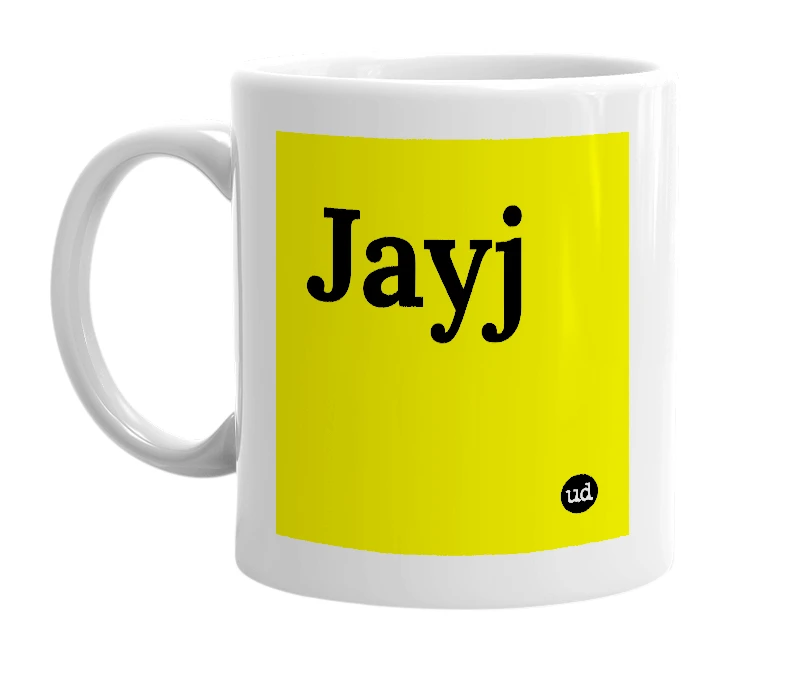 White mug with 'Jayj' in bold black letters