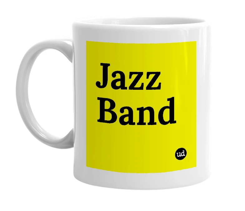 White mug with 'Jazz Band' in bold black letters