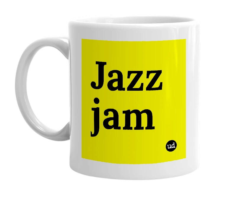 White mug with 'Jazz jam' in bold black letters