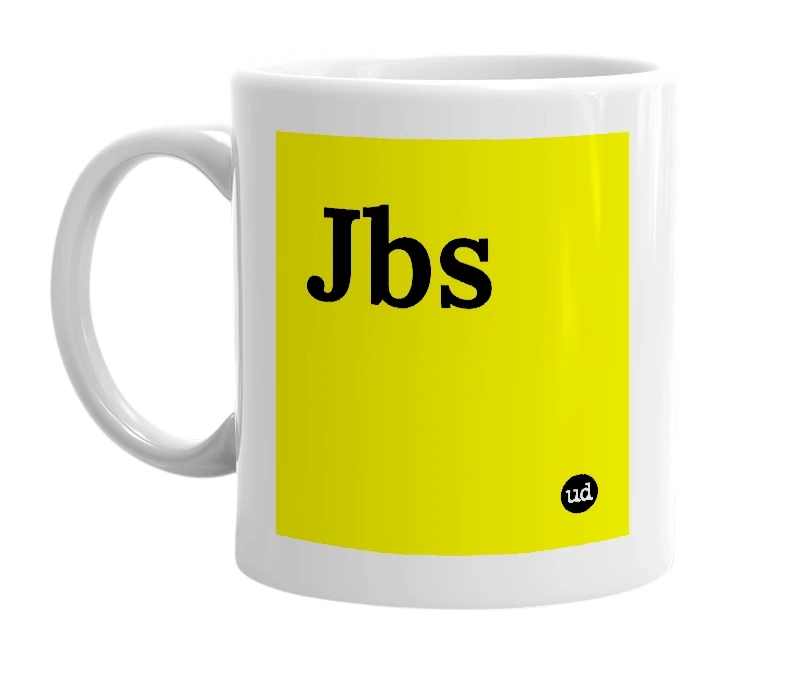 White mug with 'Jbs' in bold black letters