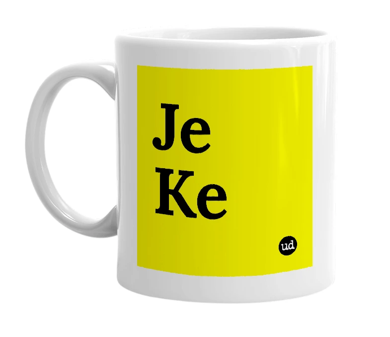 White mug with 'Je Ke' in bold black letters