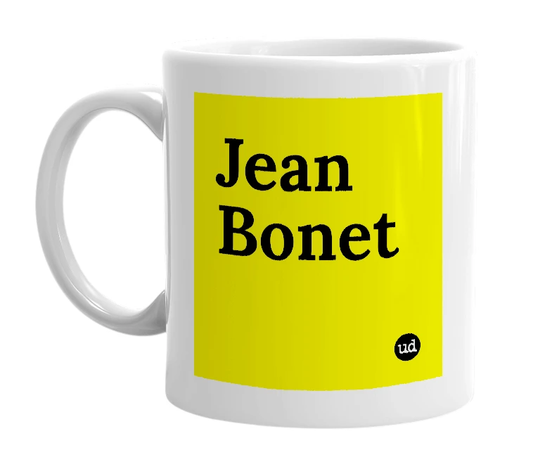 White mug with 'Jean Bonet' in bold black letters