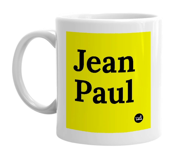 White mug with 'Jean Paul' in bold black letters