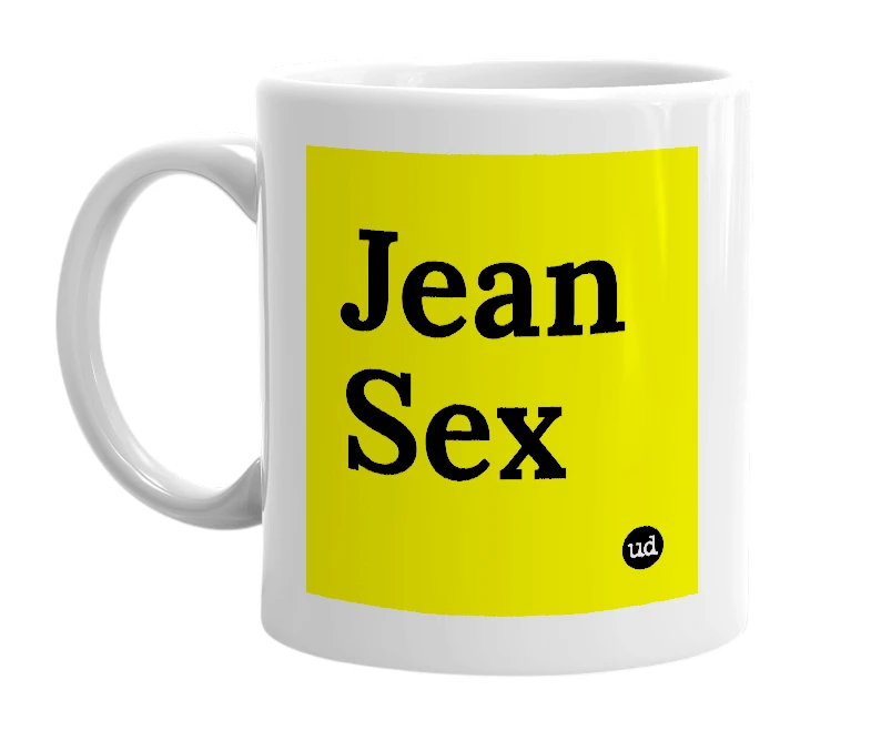 White mug with 'Jean Sex' in bold black letters