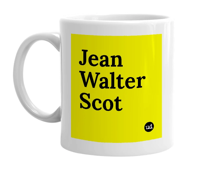 White mug with 'Jean Walter Scot' in bold black letters