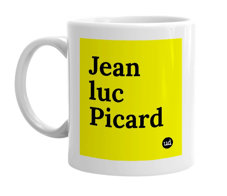 White mug with 'Jean luc Picard' in bold black letters