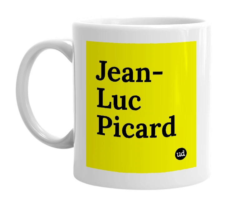 White mug with 'Jean-Luc Picard' in bold black letters