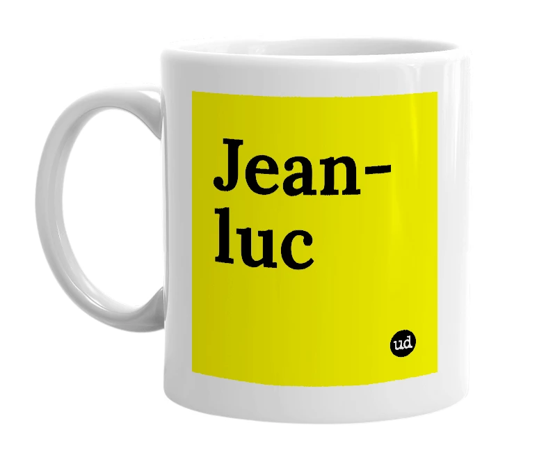 White mug with 'Jean-luc' in bold black letters