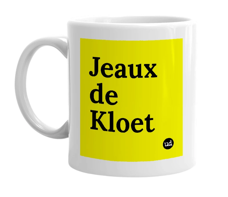 White mug with 'Jeaux de Kloet' in bold black letters