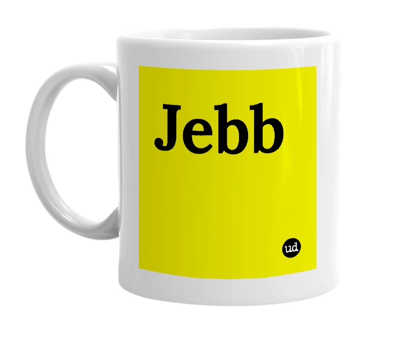 White mug with 'Jebb' in bold black letters