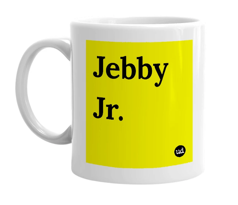 White mug with 'Jebby Jr.' in bold black letters
