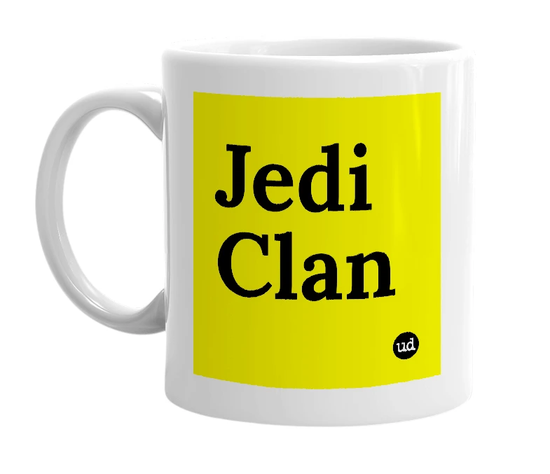 White mug with 'Jedi Clan' in bold black letters