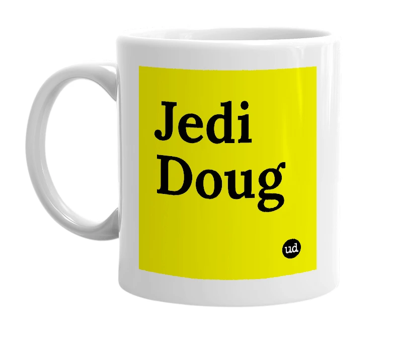 White mug with 'Jedi Doug' in bold black letters