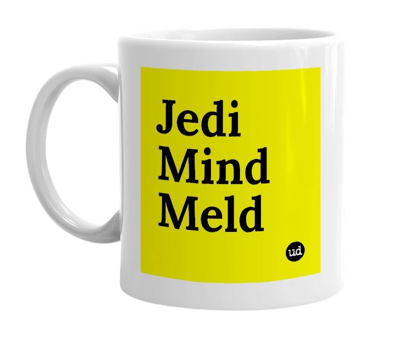 White mug with 'Jedi Mind Meld' in bold black letters