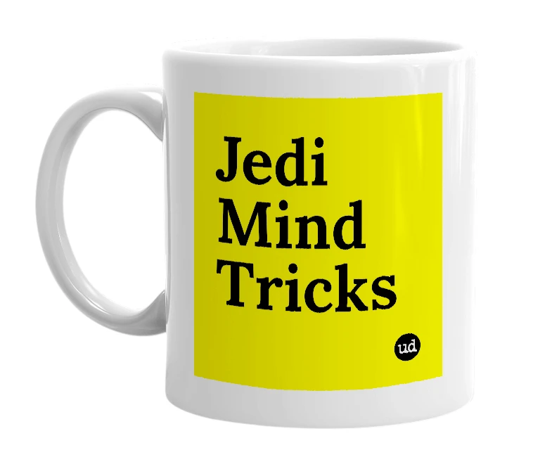 White mug with 'Jedi Mind Tricks' in bold black letters