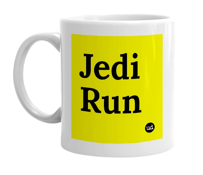 White mug with 'Jedi Run' in bold black letters